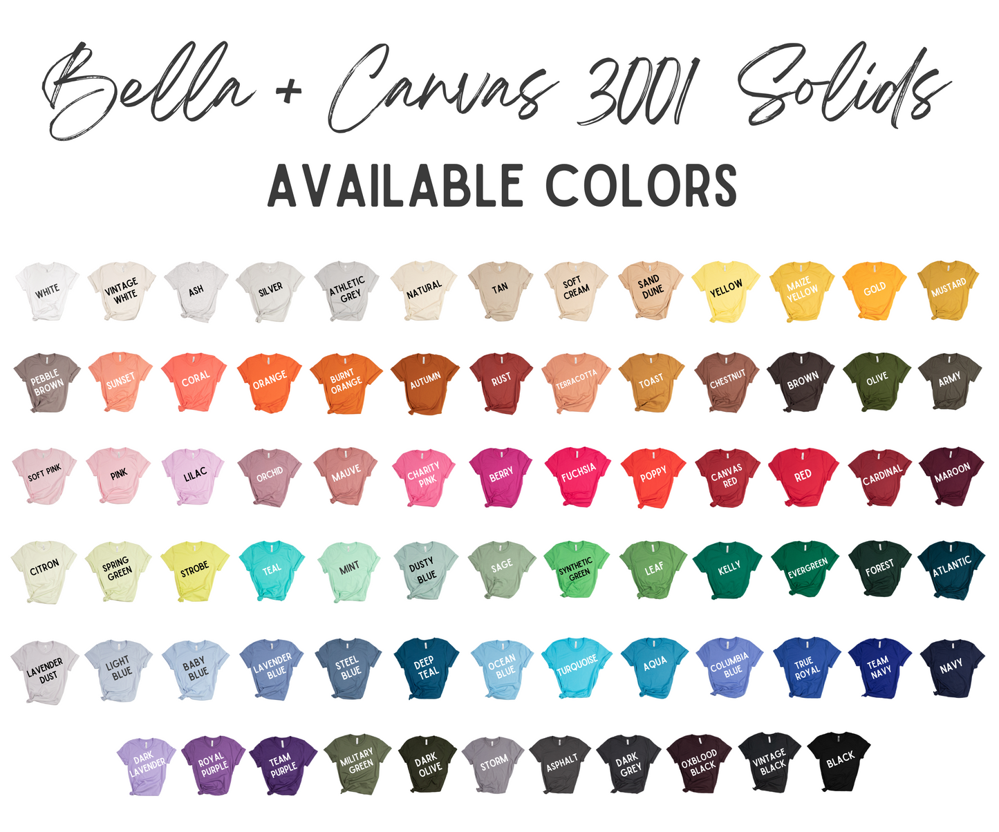 Color chart for Bella + Canvas 3001 solids t-shirts with various color options.