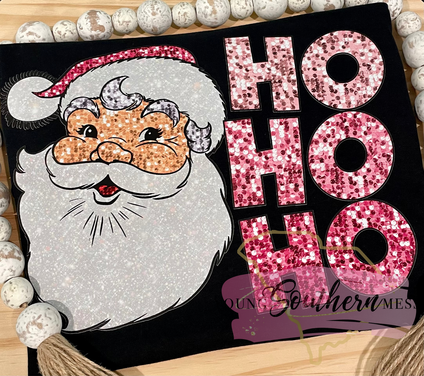 Pink Faux Sequin Ho Ho Ho Santa Christmas Shirt