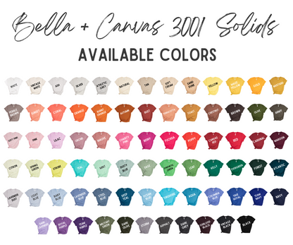 Color chart for Bella + Canvas 3001 solids t-shirts with various color options.