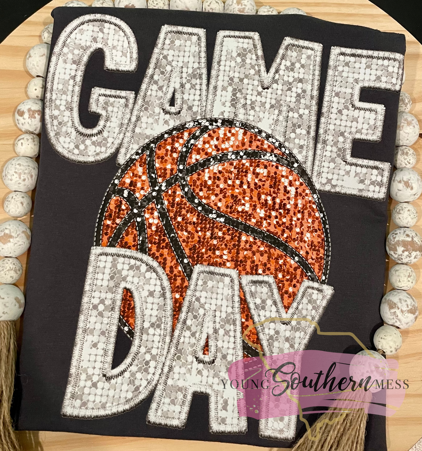 Basketball Game Day Faux Sequin Faux Embroidery Shirt