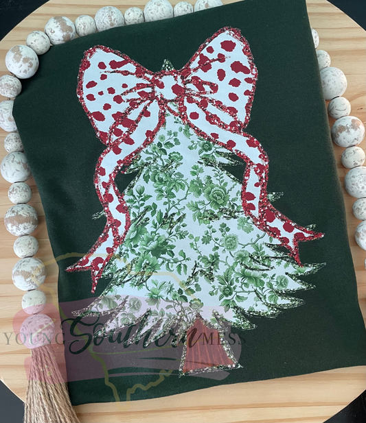 Green Floral Faux Glitter Christmas Tree Shirt