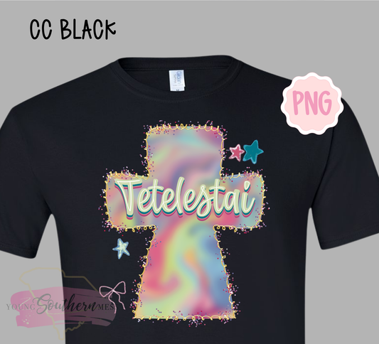 Black t-shirt with a colorful cross design and 'Tetelestai' text on a gray background