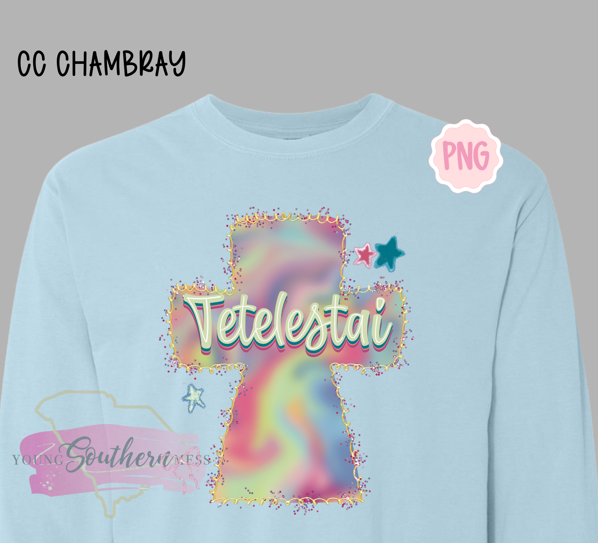 Light blue shirt with colorful graphic design and text on a gray background