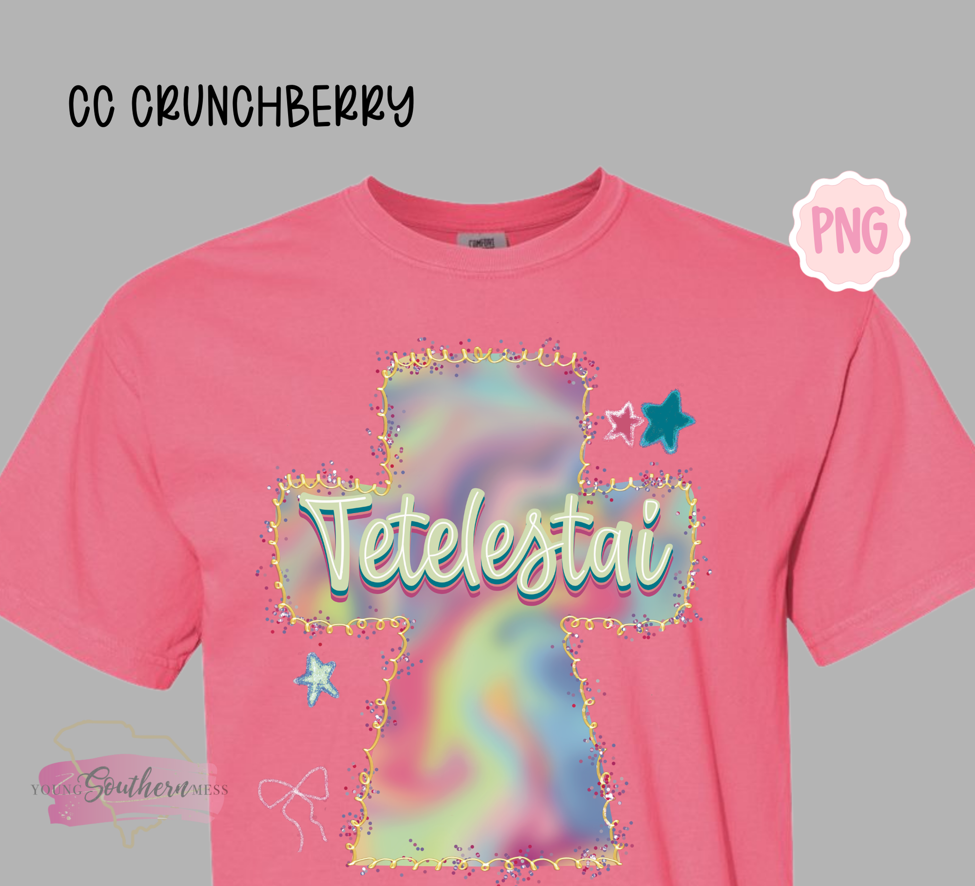 Pink t-shirt with colorful design and text on a gray background
