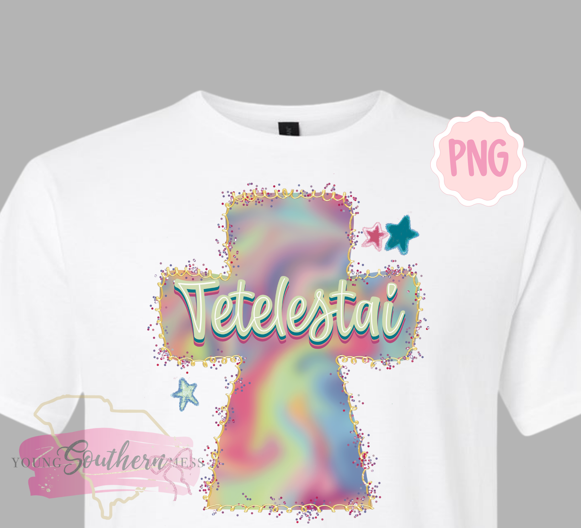 White t-shirt with colorful design and 'Tetelestai' text on a gray background